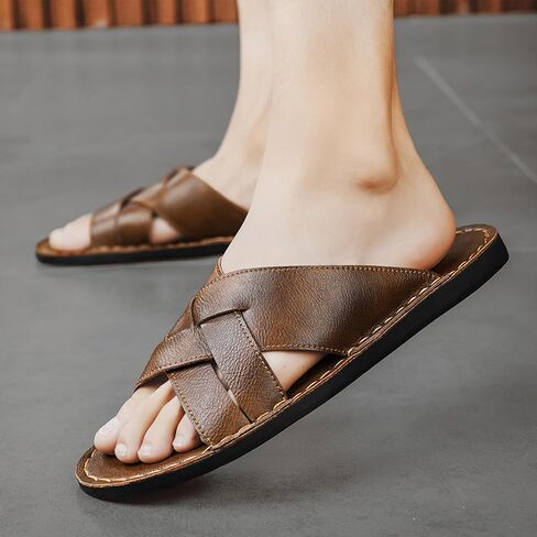 Men's Genuine Leather Braided Flat Slide Sandals Open Toe Lightweight Anti-Slip Slip On Softsole Summer Beach Sandals Indoor Outdoor Casual Slippers in Kuwait