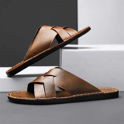 Men's Genuine Leather Braided Flat Slide Sandals Open Toe Lightweight Anti-Slip Slip On Softsole Summer Beach Sandals Indoor Outdoor Casual Slippers in Kuwait