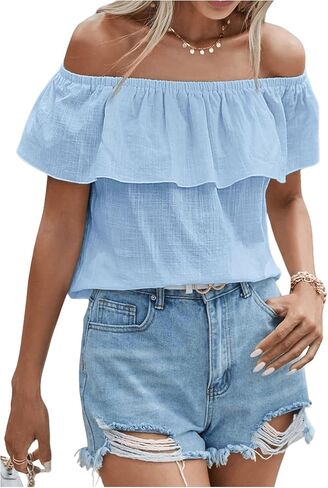 SweatyRocks Women's Off The Shoulder Blouse Short Sleeve Ruffled Summer Tops in Saudi Arabia