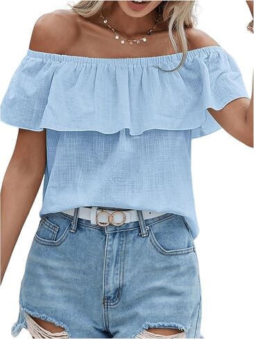 SweatyRocks Women's Off The Shoulder Blouse Short Sleeve Ruffled Summer Tops in Saudi Arabia