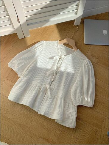 بلوزة SweatyRocks النسائية ذات القوس Peplum بأكمام قصيرة وربطة أمامية in Saudi Arabia