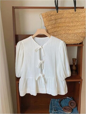 بلوزة SweatyRocks النسائية ذات القوس Peplum بأكمام قصيرة وربطة أمامية in Saudi Arabia