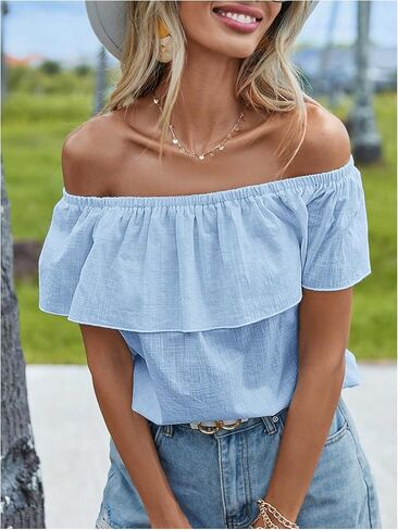SweatyRocks Women's Off The Shoulder Blouse Short Sleeve Ruffled Summer Tops in Saudi Arabia