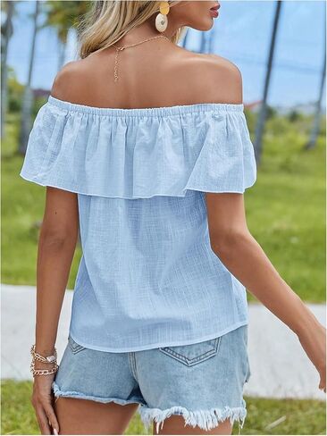 SweatyRocks Women's Off The Shoulder Blouse Short Sleeve Ruffled Summer Tops in Saudi Arabia