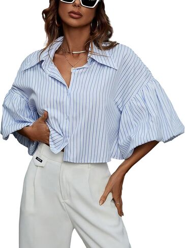 Verdusa Women's Striped Puff Sleeve Crop Blouse Tops Drop Shoulder Button Up Shirts Concert Festival Outfits in Saudi Arabia