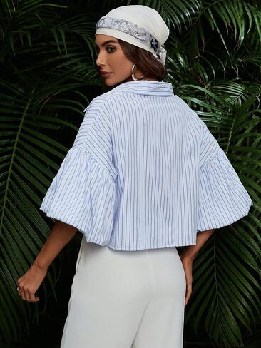 Verdusa Women's Striped Puff Sleeve Crop Blouse Tops Drop Shoulder Button Up Shirts Concert Festival Outfits in Saudi Arabia