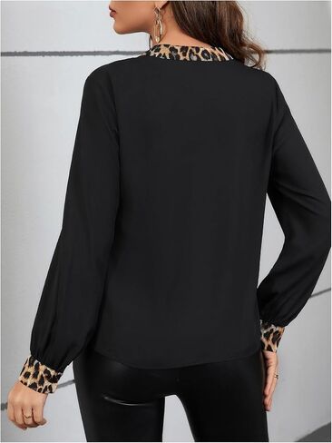 SweatyRocks Women's Leopard Print Blouse V Neck Lantern Long Sleeve Work Shirts in Kuwait