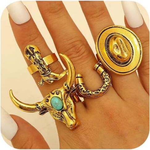 4Pcs Retro Gold Cowgirl Cow Hats Cowhead Stackable Rings for Women, Vintage Western Silver Boot Horseshoe Turquoise Ring Country Concert Jewelry Gift in Saudi Arabia