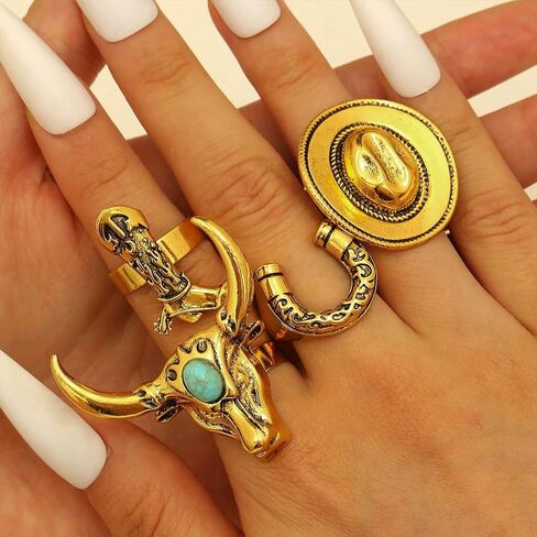 4Pcs Retro Gold Cowgirl Cow Hats Cowhead Stackable Rings for Women, Vintage Western Silver Boot Horseshoe Turquoise Ring Country Concert Jewelry Gift in Saudi Arabia