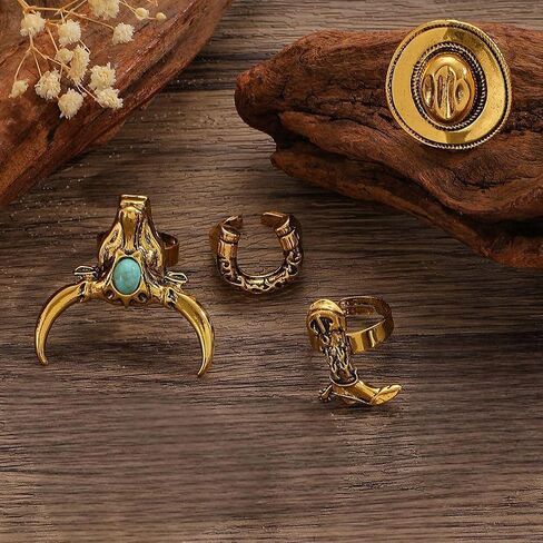 4Pcs Retro Gold Cowgirl Cow Hats Cowhead Stackable Rings for Women, Vintage Western Silver Boot Horseshoe Turquoise Ring Country Concert Jewelry Gift in Saudi Arabia