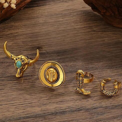 4Pcs Retro Gold Cowgirl Cow Hats Cowhead Stackable Rings for Women, Vintage Western Silver Boot Horseshoe Turquoise Ring Country Concert Jewelry Gift in Saudi Arabia