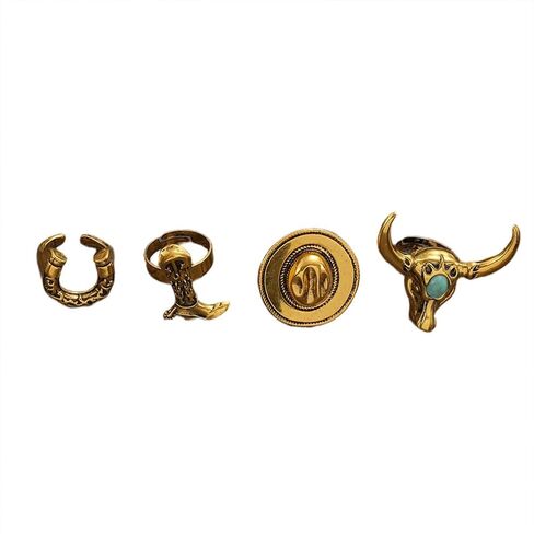 4Pcs Retro Gold Cowgirl Cow Hats Cowhead Stackable Rings for Women, Vintage Western Silver Boot Horseshoe Turquoise Ring Country Concert Jewelry Gift in Saudi Arabia