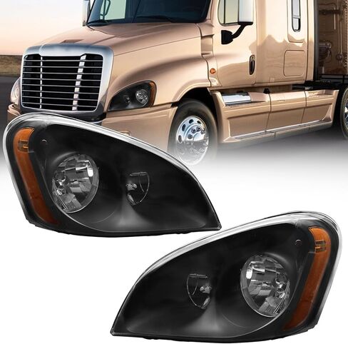 Headlights Assembly Fit For 2008-2016 Freightliner Cascadia,Black Housing Headlamps,Left and Right Pair Set, Including Halogen bulbs in Kuwait