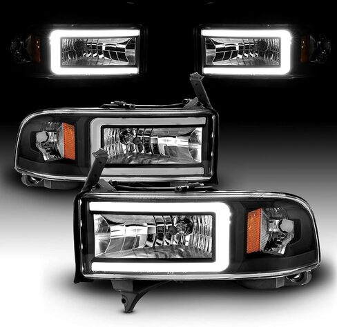 AmeriLite 1994-2001 دودج رام 1500 2500 3500 HD C-Type LED أنبوب أسود 1 قطعة مجموعة المصابيح الأمامية البديلة - جانب الركاب والسائق in Saudi Arabia