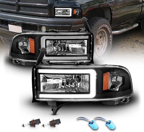 AmeriLite 1994-2001 دودج رام 1500 2500 3500 HD C-Type LED أنبوب أسود 1 قطعة مجموعة المصابيح الأمامية البديلة - جانب الركاب والسائق in Saudi Arabia