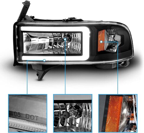 AmeriLite 1994-2001 دودج رام 1500 2500 3500 HD C-Type LED أنبوب أسود 1 قطعة مجموعة المصابيح الأمامية البديلة - جانب الركاب والسائق in Saudi Arabia