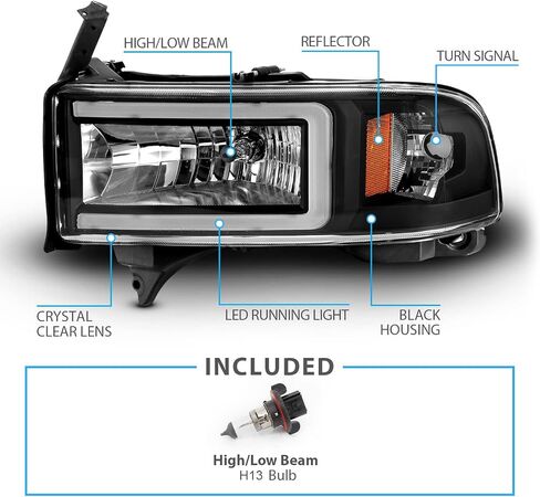 AmeriLite 1994-2001 دودج رام 1500 2500 3500 HD C-Type LED أنبوب أسود 1 قطعة مجموعة المصابيح الأمامية البديلة - جانب الركاب والسائق in Saudi Arabia