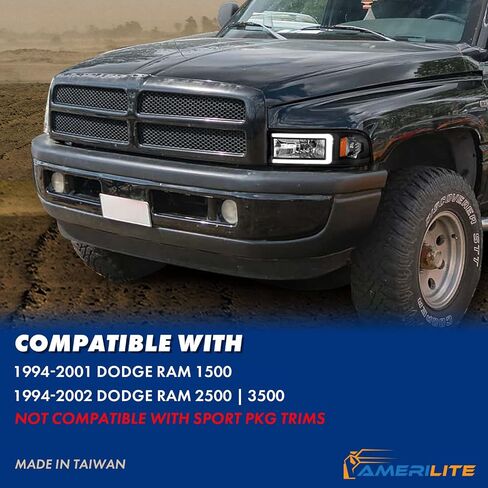 AmeriLite 1994-2001 دودج رام 1500 2500 3500 HD C-Type LED أنبوب أسود 1 قطعة مجموعة المصابيح الأمامية البديلة - جانب الركاب والسائق in Saudi Arabia