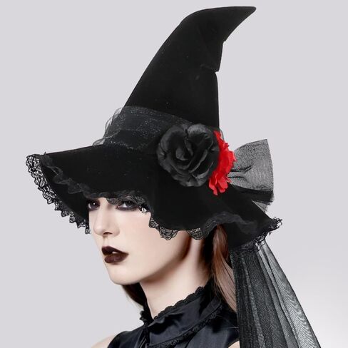 Anbaby Halloween Witch Hat with Black Rose, Lace Trim and Veil in Saudi Arabia