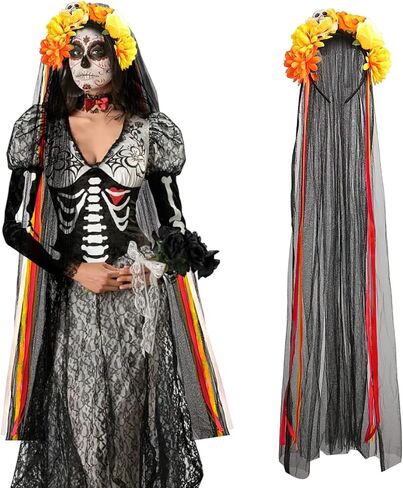 Halloween Mexican Skull Floral Veil Crown Day of the Dead Flower Headband Ribbon Streamers Headpiece Hair Accessories in Saudi Arabia