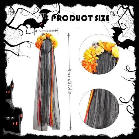 Halloween Mexican Skull Floral Veil Crown Day of the Dead Flower Headband Ribbon Streamers Headpiece Hair Accessories in Saudi Arabia