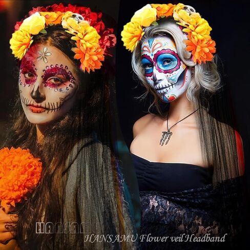 Halloween Mexican Skull Floral Veil Crown Day of the Dead Flower Headband Ribbon Streamers Headpiece Hair Accessories in Saudi Arabia