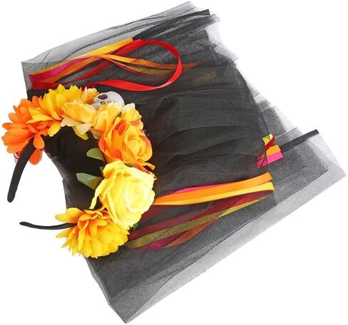 Halloween Mexican Skull Floral Veil Crown Day of the Dead Flower Headband Ribbon Streamers Headpiece Hair Accessories in Saudi Arabia