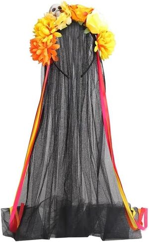 Halloween Mexican Skull Floral Veil Crown Day of the Dead Flower Headband Ribbon Streamers Headpiece Hair Accessories in Saudi Arabia