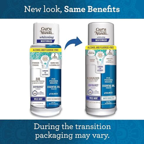 GuruNanda Whitening Wonder Duo، غسول الفم المبيض أوكسي بيرست ثنائي الأسطوانة، 20 أونصة وشرائط تبييض الأسنان بدون انزلاق، تقنية الشريط الجاف، علاجات لمدة 7 أيام in Kuwait