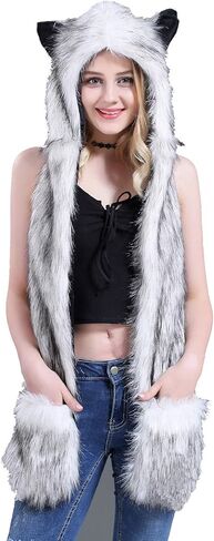 قفازات على شكل قبعة حيوانات صناعية، وشاح بمخالب، 3 في 1، قفازات بغطاء للرأس فروي in Kuwait