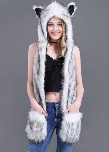 قفازات على شكل قبعة حيوانات صناعية، وشاح بمخالب، 3 في 1، قفازات بغطاء للرأس فروي in Kuwait