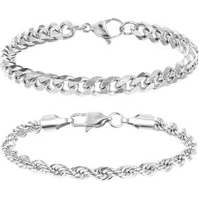 2 PCS Silver Chain Bracelet for Men, Men's Silver Bracelet Chain, Metal Bracelets for Birthdays Father's Day Gift to Men Dad Husbands Boyfriends in Kuwait