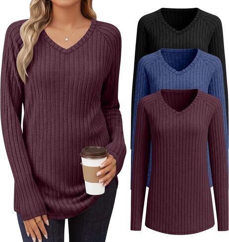 3 Pack Womens Long Sleeve Shirts V Neck Tunic Tops Loose Fit Lightweight Sweaters Basic Casual Fall Clothes in Kuwait