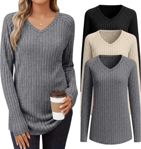 3 Pack Womens Long Sleeve Shirts V Neck Tunic Tops Loose Fit Lightweight Sweaters Basic Casual Fall Clothes in Kuwait