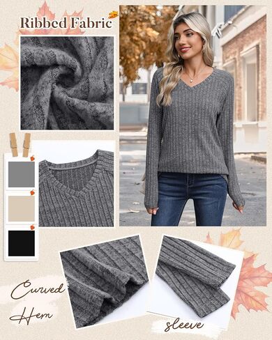 3 Pack Womens Long Sleeve Shirts V Neck Tunic Tops Loose Fit Lightweight Sweaters Basic Casual Fall Clothes in Kuwait