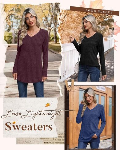 3 Pack Womens Long Sleeve Shirts V Neck Tunic Tops Loose Fit Lightweight Sweaters Basic Casual Fall Clothes in Kuwait