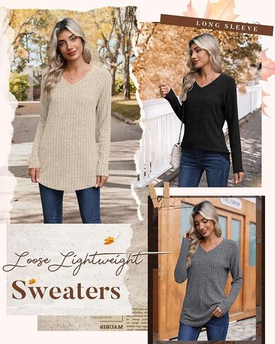 3 Pack Womens Long Sleeve Shirts V Neck Tunic Tops Loose Fit Lightweight Sweaters Basic Casual Fall Clothes in Kuwait