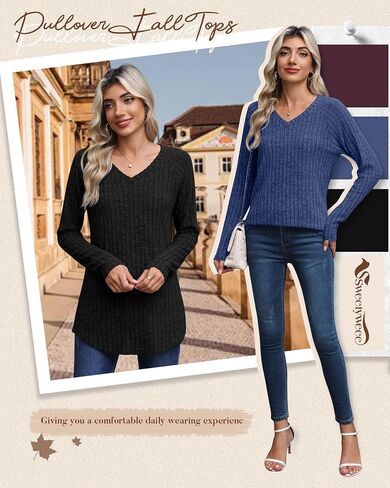 3 Pack Womens Long Sleeve Shirts V Neck Tunic Tops Loose Fit Lightweight Sweaters Basic Casual Fall Clothes in Kuwait