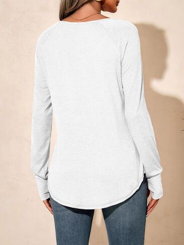 Tankaneo Womens Long Sleeve V Neck Shirts Loose Fit Casual Tunic Tops Curved Hem Criss Cross with Thumb Hole T Shirt in Saudi Arabia