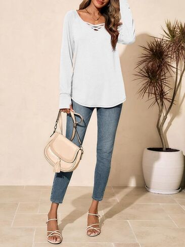 Tankaneo Womens Long Sleeve V Neck Shirts Loose Fit Casual Tunic Tops Curved Hem Criss Cross with Thumb Hole T Shirt in Saudi Arabia