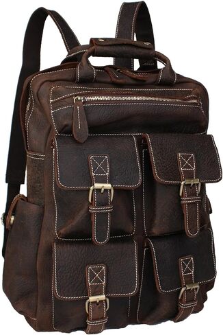 Retro Crazy Horse Leather Men's Backpack Large Capacity Multi Pocket Cowhide Leather Bag Fits 16 "Laptop(9028-Light Brown in Saudi Arabia