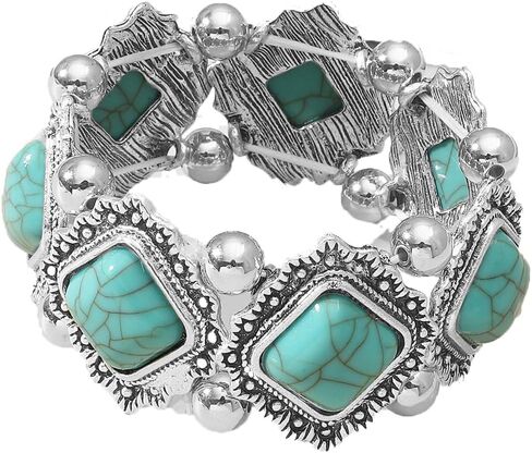 OIDIMS Bohemian Turquoise Bracelet Vintage Adjustable Handmade Extendable Bracelet Silver Bangle Wrist Band Geometry Stone Bead Elastic Stretch Bracelet for Women Gift Beach Western Jewelry in Saudi Arabia