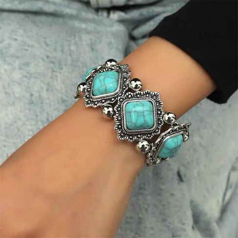 OIDIMS Bohemian Turquoise Bracelet Vintage Adjustable Handmade Extendable Bracelet Silver Bangle Wrist Band Geometry Stone Bead Elastic Stretch Bracelet for Women Gift Beach Western Jewelry in Saudi Arabia