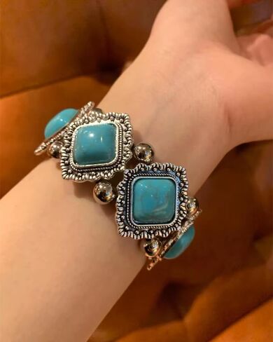 OIDIMS Bohemian Turquoise Bracelet Vintage Adjustable Handmade Extendable Bracelet Silver Bangle Wrist Band Geometry Stone Bead Elastic Stretch Bracelet for Women Gift Beach Western Jewelry in Saudi Arabia