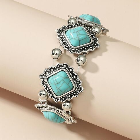 OIDIMS Bohemian Turquoise Bracelet Vintage Adjustable Handmade Extendable Bracelet Silver Bangle Wrist Band Geometry Stone Bead Elastic Stretch Bracelet for Women Gift Beach Western Jewelry in Saudi Arabia