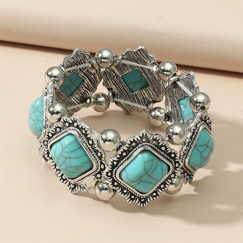 OIDIMS Bohemian Turquoise Bracelet Vintage Adjustable Handmade Extendable Bracelet Silver Bangle Wrist Band Geometry Stone Bead Elastic Stretch Bracelet for Women Gift Beach Western Jewelry in Saudi Arabia