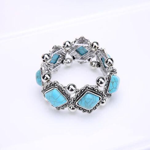 OIDIMS Bohemian Turquoise Bracelet Vintage Adjustable Handmade Extendable Bracelet Silver Bangle Wrist Band Geometry Stone Bead Elastic Stretch Bracelet for Women Gift Beach Western Jewelry in Saudi Arabia
