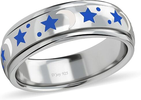 925 Sterling Silver Blue & White Enamel Moon Star Anxiety Spinner Ring for Women Platinum Plated Boho Wedding Anniversary Fidget Stress Relieving Band Ring for Men Size 5 Birthday Gifts for Women in Saudi Arabia