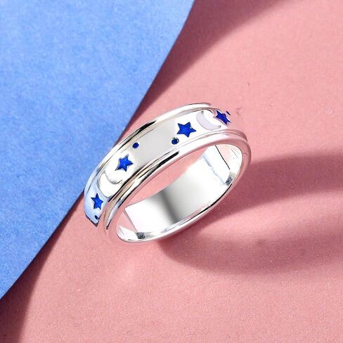 925 Sterling Silver Blue & White Enamel Moon Star Anxiety Spinner Ring for Women Platinum Plated Boho Wedding Anniversary Fidget Stress Relieving Band Ring for Men Size 5 Birthday Gifts for Women in Saudi Arabia