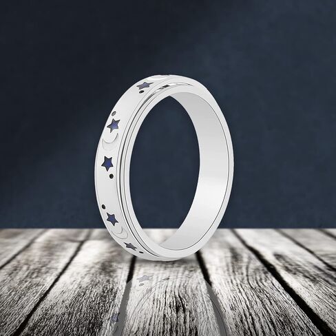 925 Sterling Silver Blue & White Enamel Moon Star Anxiety Spinner Ring for Women Platinum Plated Boho Wedding Anniversary Fidget Stress Relieving Band Ring for Men Size 5 Birthday Gifts for Women in Saudi Arabia